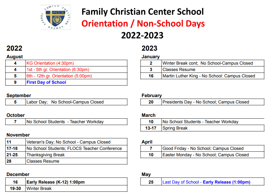 2022-2023 School Year - Family Christian Center Schools